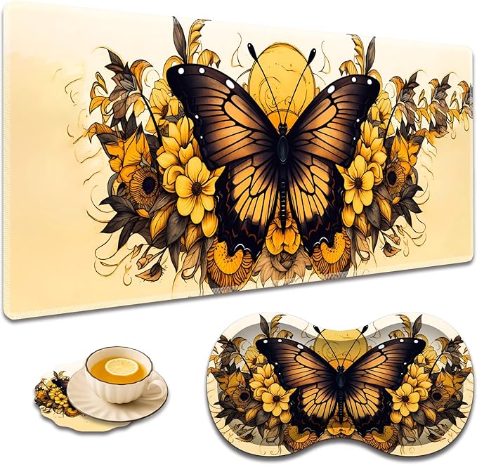 Large Game Mouse Pad + Wrist Support Pad + Coffee Coaster Desk Pad with Sewn Edges Anti-Slip Set pad Suitable for Office Work and Home - Yellow Sunflower Butterfly