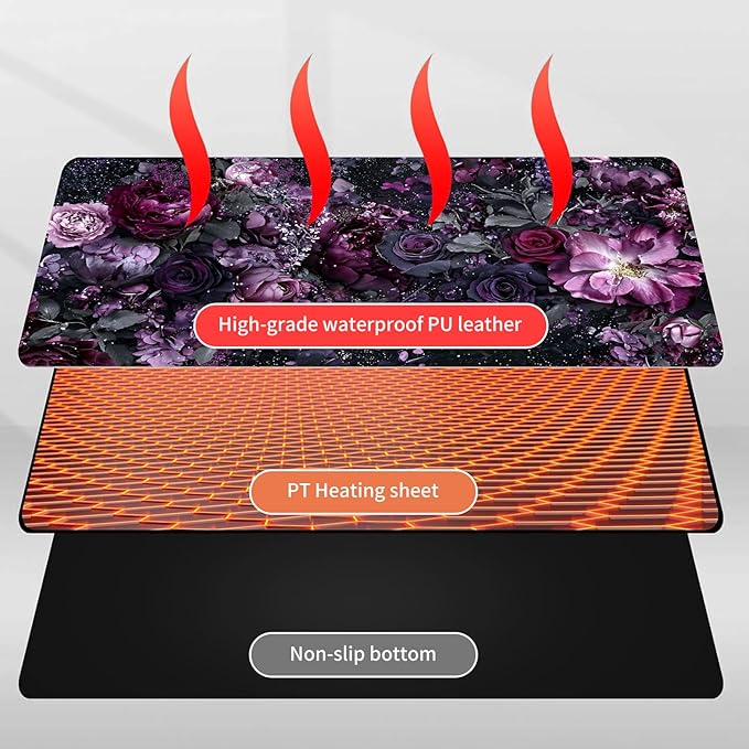 Heated Mouse Pad Hand Warmer Warm Desk Pad Mousepad Desk Mat with 3 Levels Heating and Auto Shut Down 31.5 x 13 inch PU Leather Warmer Keyboard Mat for Gaming Laptop Office Home Purple Flower