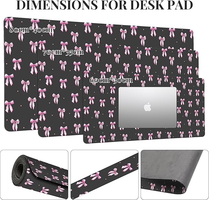 Idocolors Pink Bow Desk Mat Cute Extended Gaming Keyboard Mouse Pad Large Office Desk Cover Mat Pad Deskmat Non-Slip Leather Home Office Desk Mat Protector 31.5×15.7