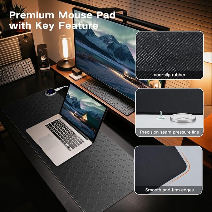 iLeadon Heated Mouse Pad Electric Warm Desk Pad with 3 Heating Levels &amp 3 Auto Shut-Off Levels 35.4 x 15.7 Large Safe Desk Mat Hand Warmer for Home Office Work Honeycomb Black