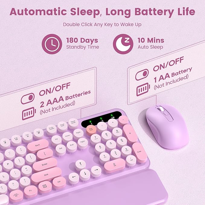 Wireless Keyboard and Mouse Combo-Round Keycaps Full-Size Retro Typewriter Keyboard with Detachable Wrist Rest Sleep Mode &amp Tilt Legs 2.4GHz Cordless Connection for Mac/Windows/PC (Lavender Pur