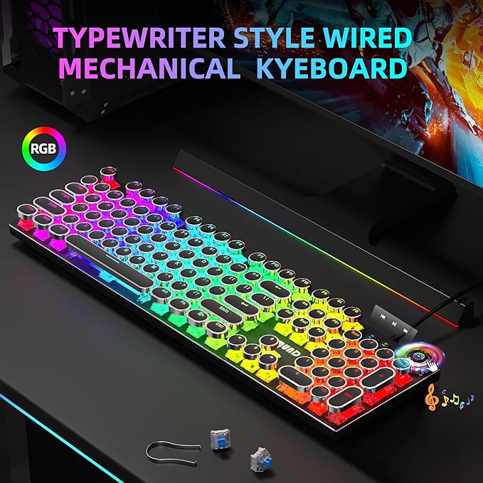 K968 Retro Typewriter Mechanical Gaming Keyboard - RGB Backlit Wired with Blue Switches Media Control Knob for PC