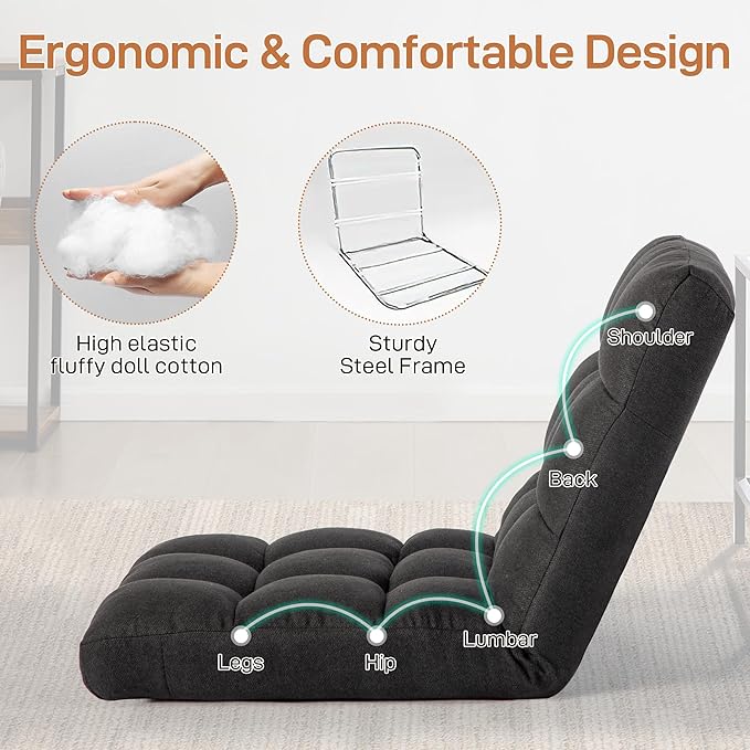 Floor Chair with Back Support Folding Chair with 6 Adjustable Position Padded Sleeper Bed Floor Gaming Chair Meditation Chair Gaming Floor Chairs for Adults (Country Rustic Black)