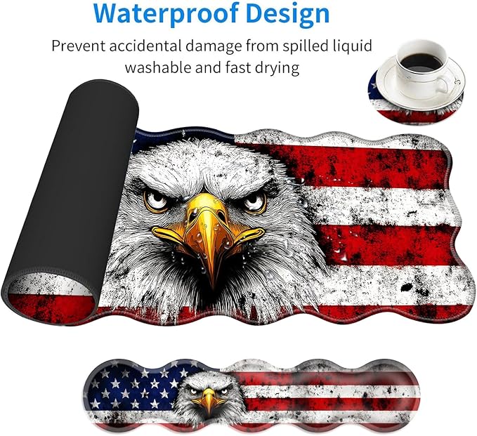 Large Mouse Pad and Keyboard Wrist Rest Desk Pad for Keyboard and Mouse 4-in-1 Large Gaming Mouse Pad with Wrist Support Desk Mat for Home Office Study Game-Bald Eagle American Flag
