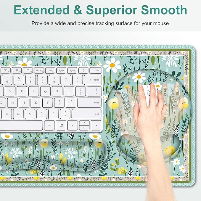 Floral Desk Mat 4in1 Large Mouse Pad with Wrist Rest Desk Matt for Desktop Desk Pad Mat Anti-Slip XXL Computer Ergonomic Mousepad with Wrist Support for Keyboard and Mouse I Green Elegant Flowers