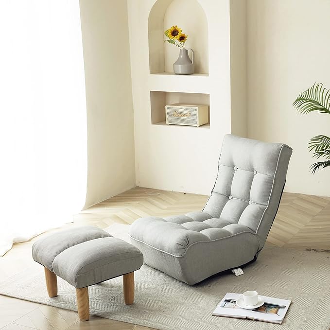 360° Swivel Floor Gaming Chair Floor Chair 14 Adjustable Head Segments 3 Waist Segments Ergonomic Recliner for Gaming Reading Living Room Includes Footrests (Cement Grey)