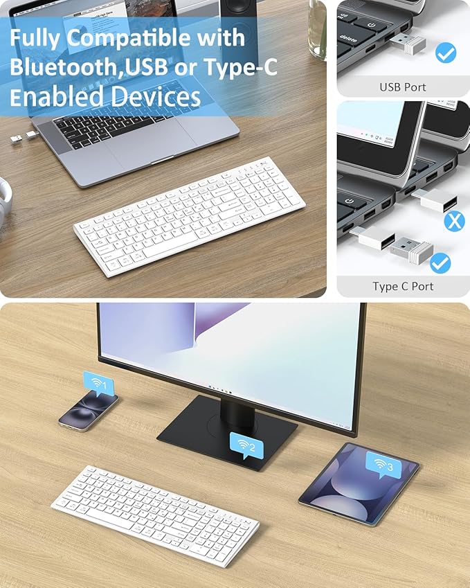 FENIFOX Wireless Keyboard Bluetooth &amp 2.4G USB &amp USB-C Rechargeable Silent Ultra Quiet Low Profile Compact Full Size with Number Pad Soft Multi Device for Mac MacBook Windows PC - White