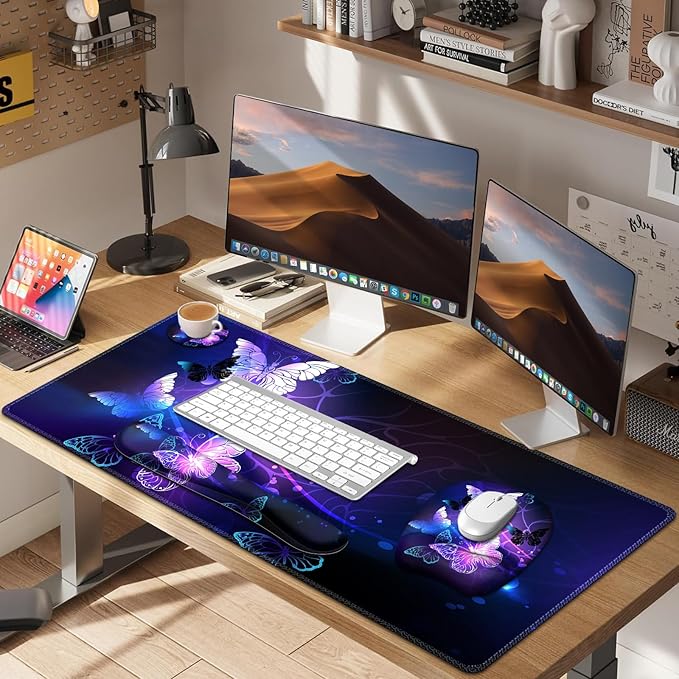 Large Mouse Pad with Wrist Support 4in1 Set XXL Game Mousepad + Keyboard Wrist Rest+Mouse Wrist Rest+Coaster with Ergonomic Design Gaming Mat for Home Office Table Computer I Purple Butterfly