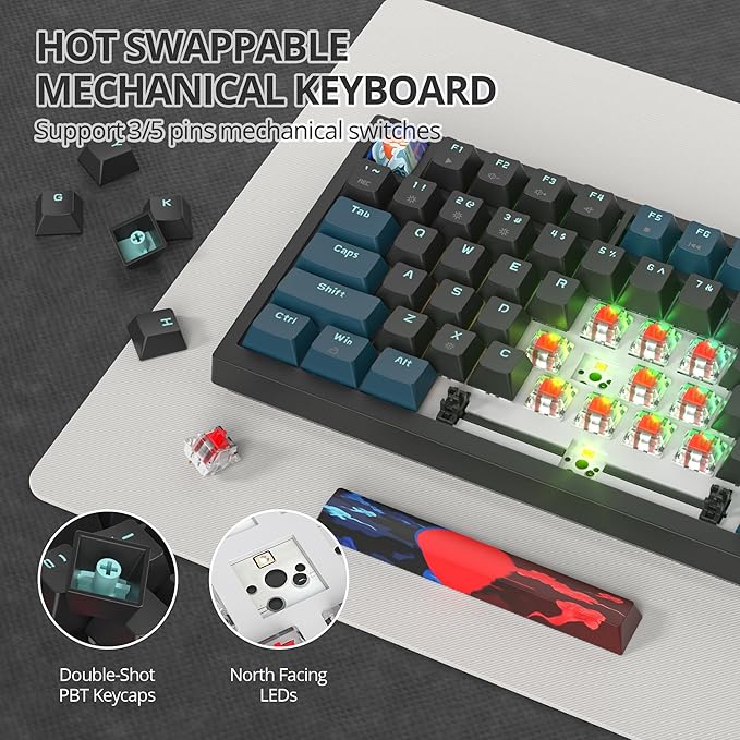 75% Mechanical Gaming Keyboard Hot Swappable RGB Backlit Custom With Knob Gasket Mount USB Wired 82 Keys Black Blue Linear Red Switch (82 Black Blue)