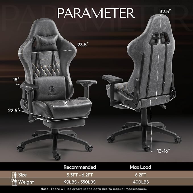 Dowinx Gaming Chair Big and Tall Video Game Chairs with Footrest PC Gamer Chairs for Adults - Padded High Back Ergonomic Reclining Silla Gamer 4D Armrest 400LBS Grey