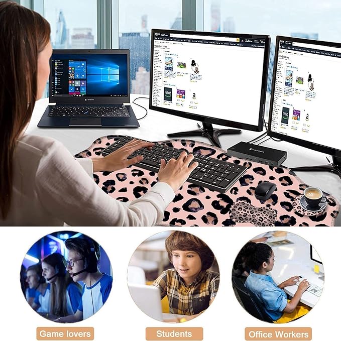 Mouse Pad with Wrist Support + Desk Mat + Coaster 3 in 1 Set XXL Large Gaming Mousepad Ergonomic Mouse Pads for Desk Computer Laptop OfficeCute Leopard