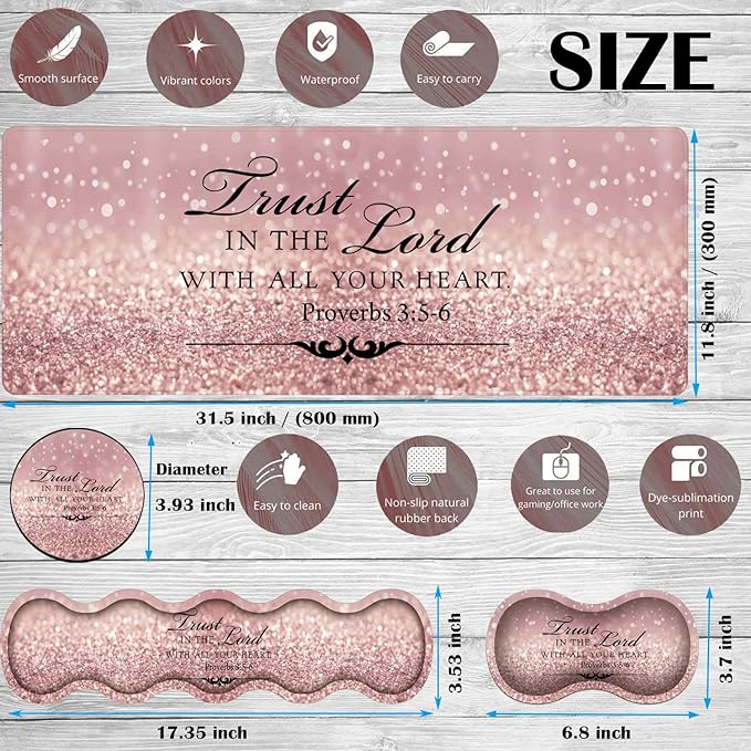 Gaming Mouse Pad Set Large Gaming Mouse Pad+Keyboard Wrist Rest+Mouse Wrist Rest+Coaster Easy Typing Pain Relief 31.5 × 11.8 inch Desk Mat for Home Office Proverbs 3:5-6