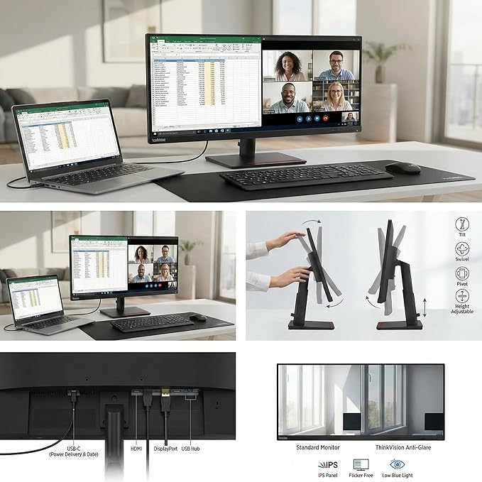 Lenovo ThinkVision T24-40 24 Full HD IPS Monitor HDMI DP VGA | Up to 120Hz | VESA Mount | Office Business Displays | W/MAJ Deskpad | 2 Pack