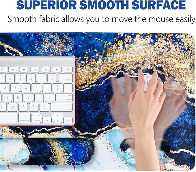 ARTSO Large Gaming Mouse Pad Keyboard Wrist Rest Pad &amp Wrist Support Mousepad Set Stitched Edge Extended Non-Slip Base Memory FoamMultifunctional Desk Mat 4pcs for Office &amp Home Blue Ma