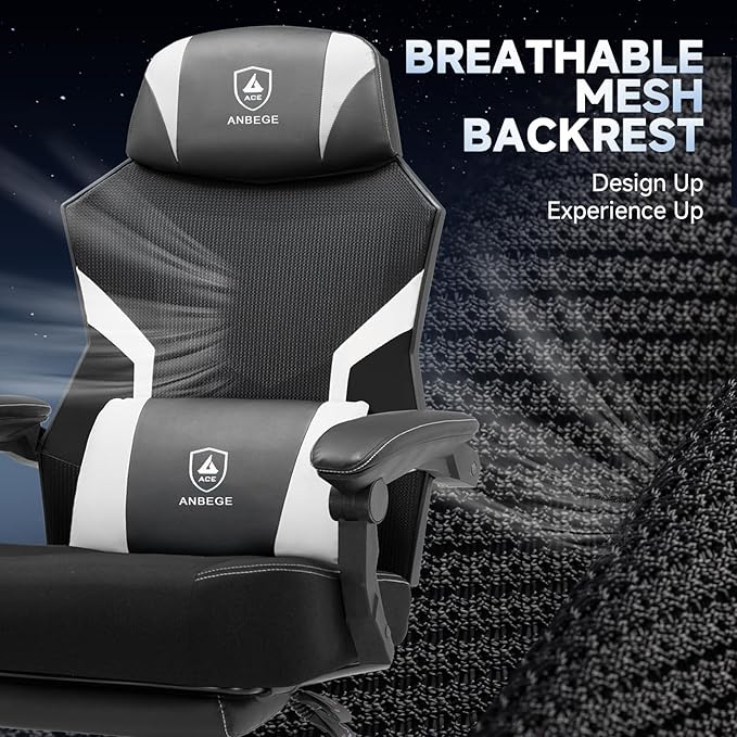 Ergonomic Mesh Video Gaming Chair with Footrest Height Adjustable Computer Chair with Lumbar Support High-Back Breathable Reclining Swivel Chair for Adults Home Office &amp Work (White)