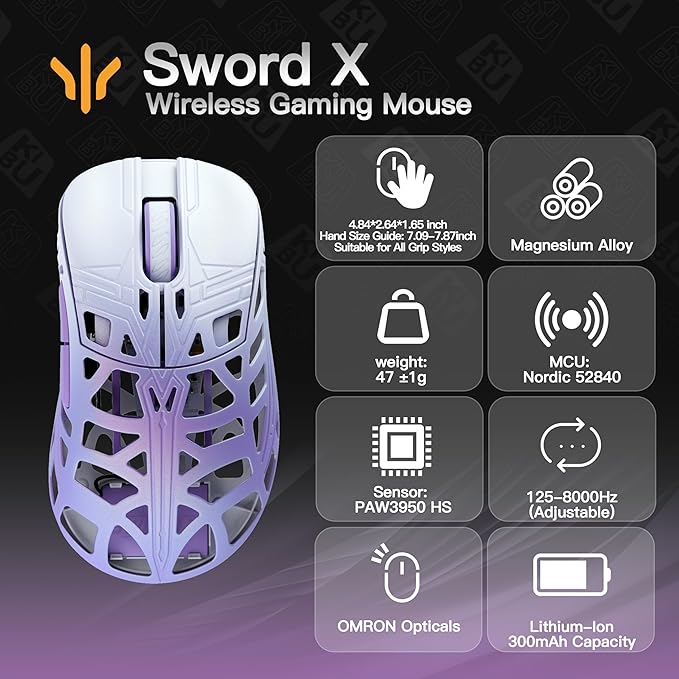 KEEBMONKEY WLMOUSE Sword X Lightweight Magnesium Alloy Wireless Gaming Mouse - 8KHz Polling Rate PAW3950 HS Sensor 50-30000 DPI OM &amp TTC Switches (OM Opticals White&ampPurple)