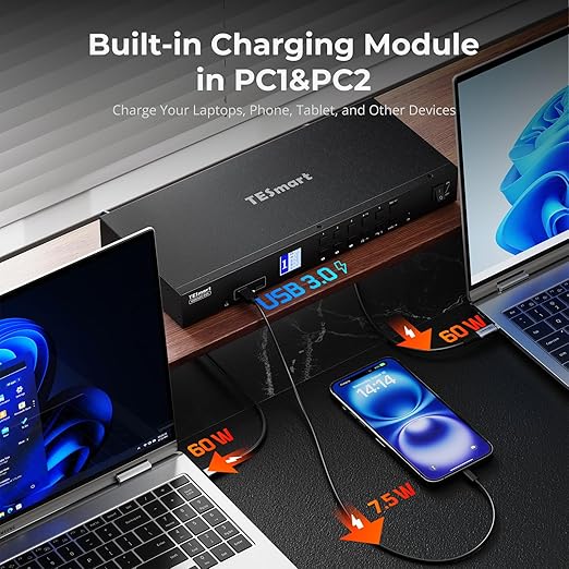 TESmart USB 3.0 HDMI+DP+USB C KVM Switch 3 Monitors 4 Computers 4K@60Hz 4 Port Triple Monitor KVM Switch MST 60W PD for Laptop 1G Ethernet EDID Emulators Hotkey Switch Rack-Ears