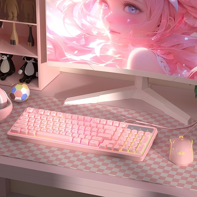 Pink Creamy Keyboard and Mouse ComboMageGee GK980 Wired RGB Backlit Keyboard and Pink Gaming Mouse ComboPC Keyboard and Adjustable Sensitivity Mouse for PC/loptop/MAC