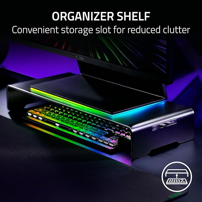 Razer Monitor Stand Chroma: 4 Port Hub - USB A 3.2 USB C 3.2 HDMI 2.0 - Ergonomic Height - Durable Aluminum Supports Up to 44 lbs - Organize Storage Shelf - Remappable RGB Buttons - Chroma RGB