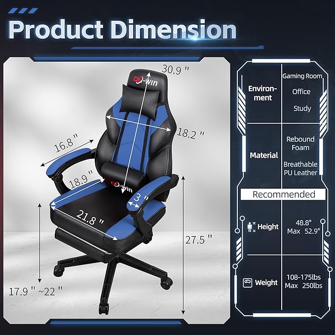 Gaming Chairs for Adults Computer Chair with Footrest and Ergonomic High Back Big and Tall Gamer Chairs with Massage Lumbar Support 360° Swivel Height Adjustable Gaming Chair Blue