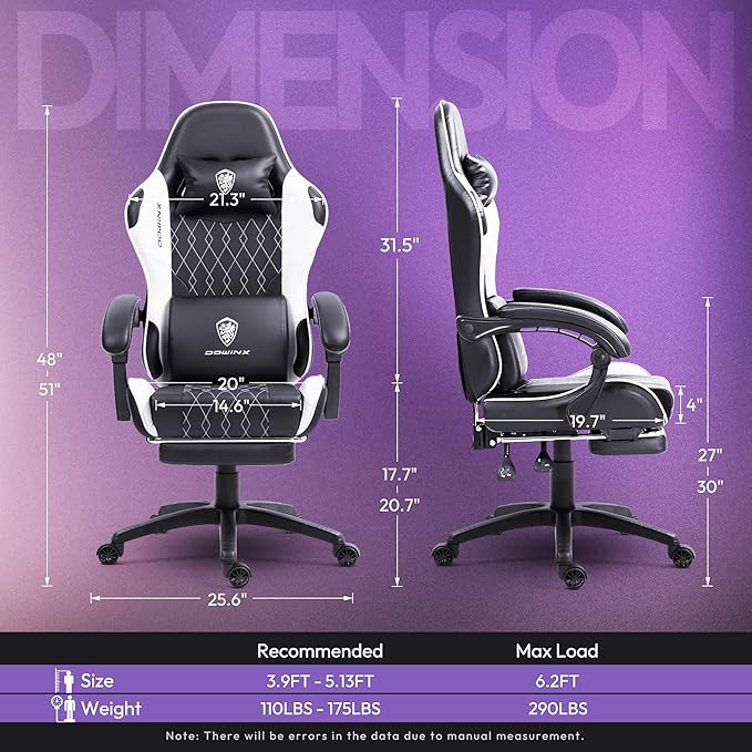 Dowinx Gaming Chair with Massage Lumbar Support and Footrest Gaming Chairs for Adults Ergonomic Computer Chair High Back with Pocket Spring Cushion Swivel Recliner with Headrest Black and White