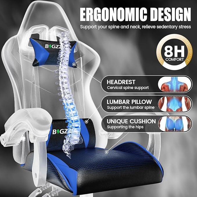 Bigzzia Gaming Chair Computer Game Chair with Lumbar Support Comfortable Video Game Chairs for Adults Kids Racing Style Gamer Chair with 360°-Swivel Seat and Headrest（Blue）