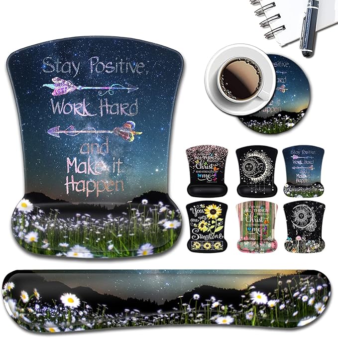 Ergonomic Mouse Pad Wrist SupportStarry Sky Mouse Pads with Non-Slip PU Base for Home Office Working StudyingMemory Foam Keyboard Wrist Rest Easy TypingStay Positive Work Hard Inspirational Quotes
