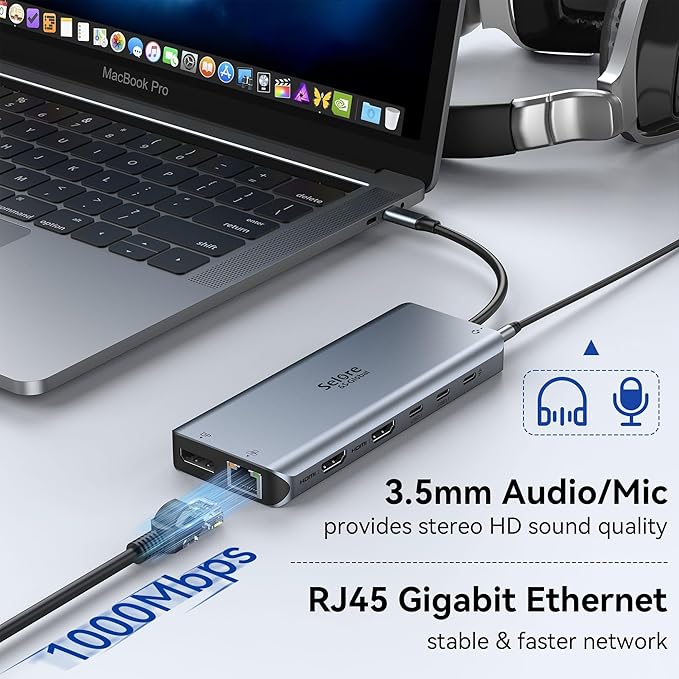 USB C Docking Station Dual Monitor Selore 13-in-1 Triple Monitor with Dual HDMI DP 100W PD Gigabit Ethernet 10Gbps USB A/C Ports -Laptop Docking Stations for Dell HP Lenovo MacBook