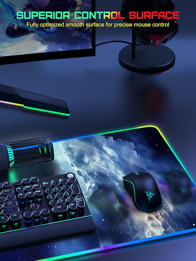 TopMade Wireless Charging Mouse Pad RGB Gaming Mousepad 35.4 x 15.8 Extra Large Waterproof Keyboard Desk Pad Computer Desk Mat Blue Nebula (Includes 20W PD Power Adapter &amp 6.56ft Woven Cable