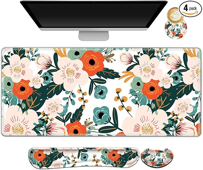 ARTSO Extended Gaming Mouse Pad Set Keyboard Wrist Rest Support Pad + Wrist Cushion + XXL Large Mouse Pad + Coaster Stitched Edge Non-Slip Memory Foam Desk Mat Flower
