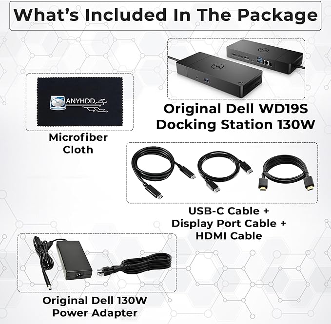 Dell WD19S Docking Station 130W (90W Power Delivery) Dell Docking Station for Laptop with 130W Power Adapter + HDMI + DisplayPort + USB-C Cable + Microfiber Cloth (Renewed)