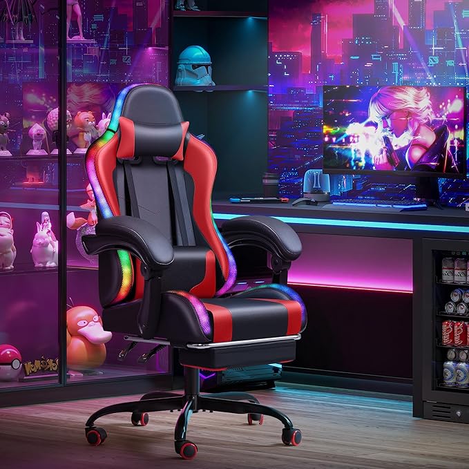 Homall Gaming Chair Video Game Chair with Footrest and Massage Lumbar Support Ergonomic Computer Chair Height Adjustable with Swivel Seat and Headrest (RGB Red)