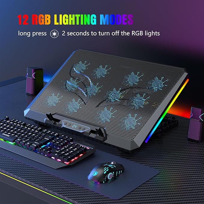 Laptop Cooling Pad with 12 Quiet Fans Slim Portable for 12-17.3 Inch Laptop Cooler Stand RGB Lighting with 5 Height Adjustable Gaming Cooling Fan Pad USB/Type-C &amp Phone Holder (LCD)