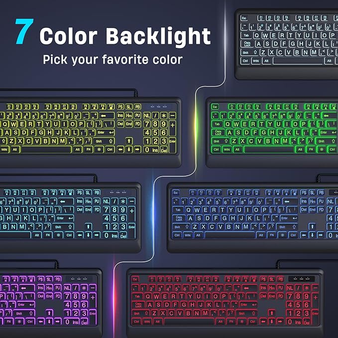 Large Print Backlit Computer Keyboards 7 Colors Backlight USB Keyboard Plug-and-Play Foldable Stands Corded Full Size Keyboard for Windows PC Laptop (Black Large)