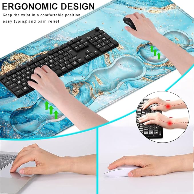 Keyboard Wrist Rest and Mouse Pad with Wrist Support Set Ergonomic CoasterMemory FoamEasy Typing Pain ReliefLarge XL Desk Mat 31.5x 11.8Abstract Marble Texture