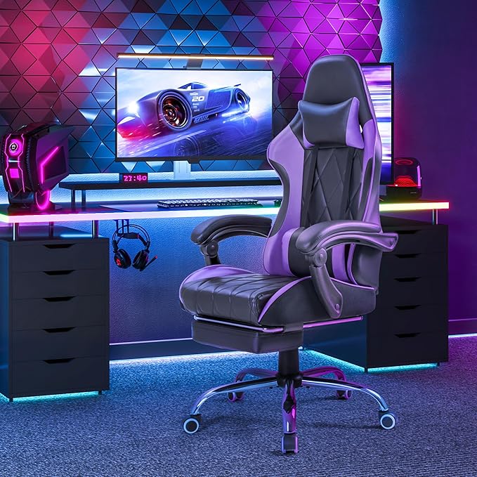 Homall Gaming Chair Computer Chair with Footrest and Massage Lumbar Support Ergonomic High Back Video Game Chair with Swivel Seat and Headrest (Purple)