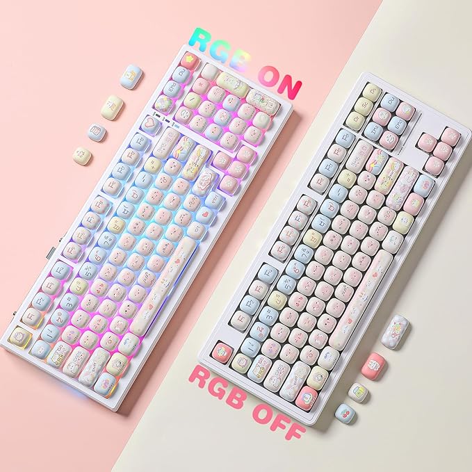 YUNZII Cute Pink Kitten Custom Keycaps 141 Keys Dye Sub PBT MOG Profile Keycap Set for Mechanical Gaming Keyboards (Pink Kitten)
