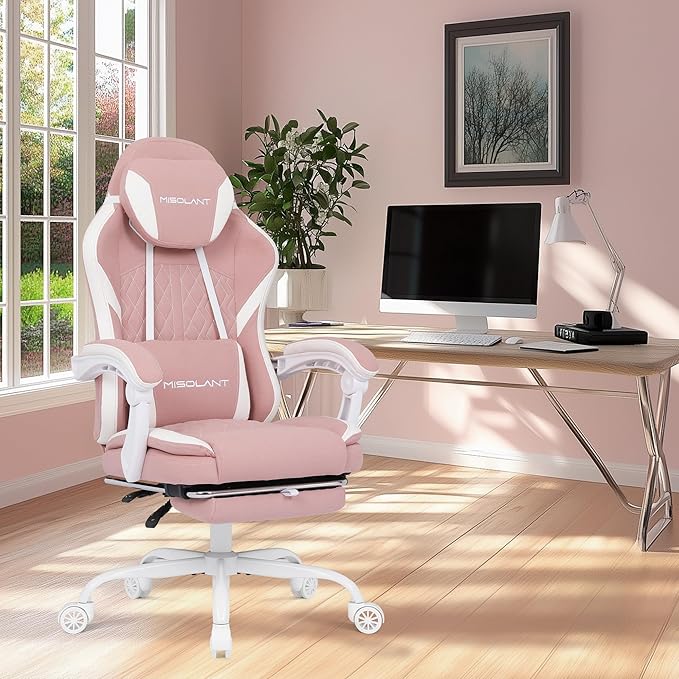 Misolant Gaming Chair Fabric Gamer Chair with footrest for Adults High Back Ergonomic Computer Game Chair with Adjustable Headrest and Massage Lumbar Support 90-155° Recline Free Pink