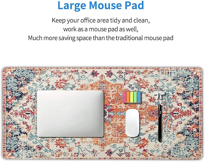 Orange Teal Boho Gaming Mouse Pad Extended 3XL Rug Carpet Bohemian Retro Large Desk Mat Big Mousepad Non-Slip Rubber Base Stitched Edge Long Desk Pad for Desktop Office PC Gamer47.2x23.6 in120x60cm