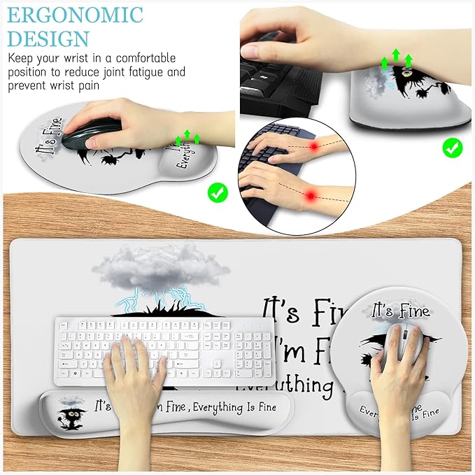Desk Mat Set Large Gaming Mouse Pad with Wrist Rest Ergonomic Mouse Pad Keyboard Mat Wrist Support Cup Coaster Home Office Desk Accessories Decor Supplies Funny Black Cat