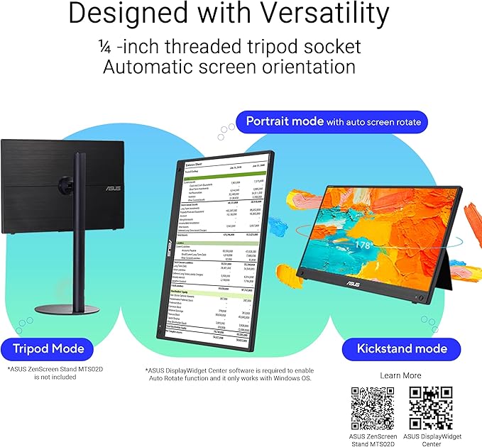 ASUS ZenScreen Touch 16” USB-C Portable Monitor (MB16AMTR) - Full HD IPS Built-in Battery Kickstand Tripod Socket Eye Care Compatible with Laptops Smartphones and Game Consoles 3 yr Warranty