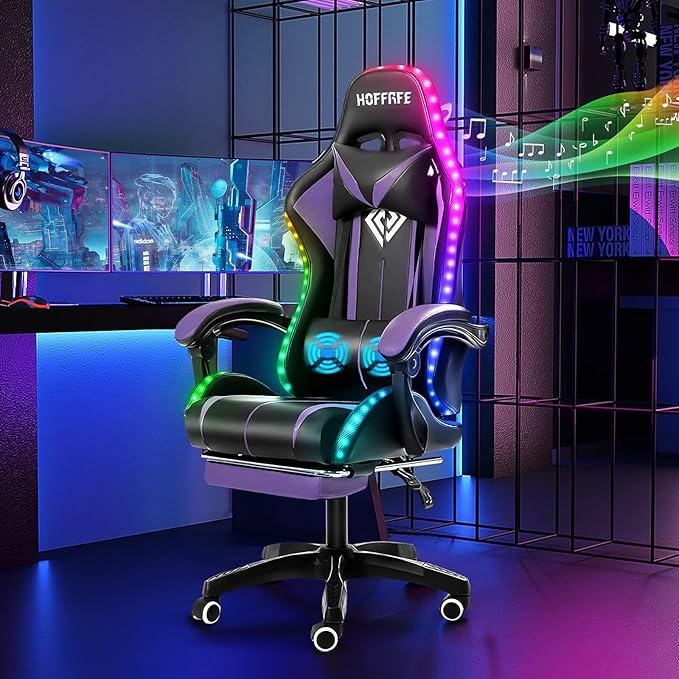 HOFFREE RGB Gaming Chair with Speakers Massage Computer Gaming Chair with LED Lights and Footrest High Back Video Game Chair for Adults Purple and Black