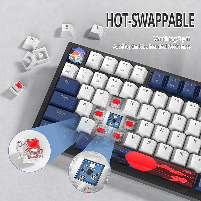 75% TKL Wired Mechanical KeyboardRGB Backlit Gasket Mount 82 Key Hot Swappable Custom Linear Red Switch Gaming Keyboard with Volume Knob &amp PBT Keycaps (82 White Earth)