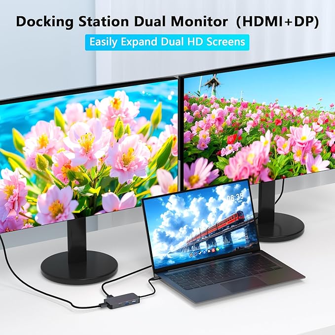 4K@60Hz HDMI Display Port USB C Docking Station Dual Monitor for Dell/HP/Mac Laptop 7 in 1 USB C to HDMI and Displayport Multiport Adapter with USB3.0/USB-C Data/PD Dual Monitor Docking Station