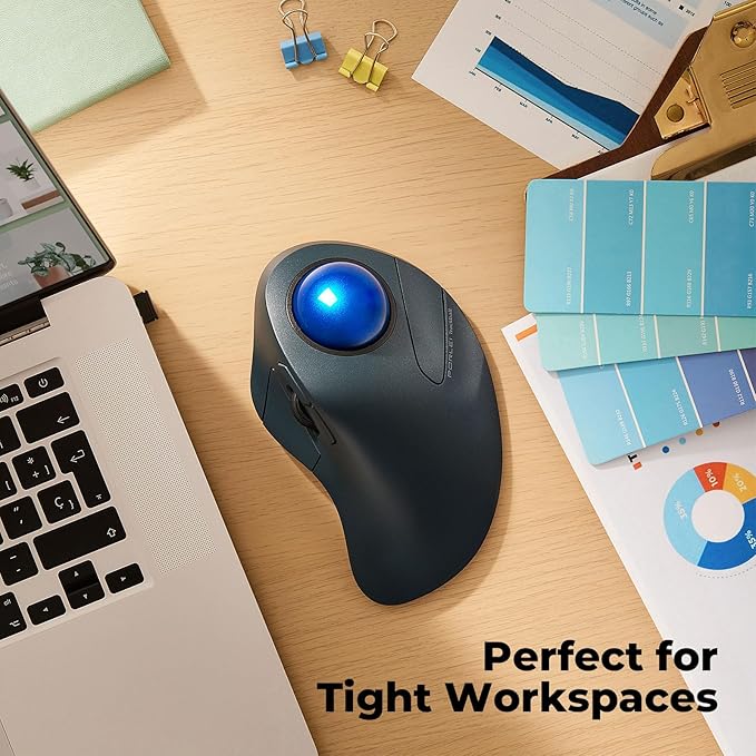 Wireless Trackball Mouse for Large Hands Ergonomic Index Finger Control Rechargeable Bluetooth/USB Mouse with Precise Smooth Tracking Multi-Device Connection for Windows &amp Mac Dark Blue