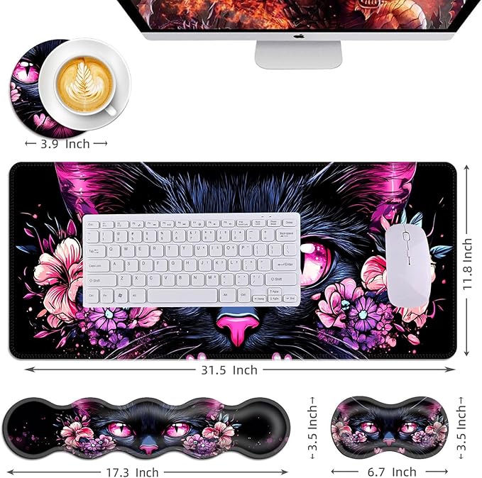 Mouse PadLarge Desk Mat Set 4in1 XL Mousepad + Keyboard Wrist Rest+Mouse Wrist Rest+Coaster with Ergonomic Desk Pad for Home Office Table Computer Cover -Cat with Pink Eyes and Flowers