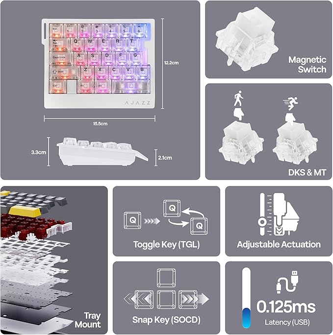 MechLands AJAZZ AK029 One Handed Gaming Keyboard 8Khz Polling 29 Keys Rapid Fast Wired Keyboard SOCD &amp DKS Magnetic Switch Adjustable Actuation RGB Backlits Aluminum Plate (White Transparen