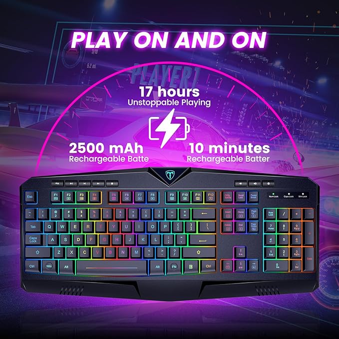Wireless Keyboard Rechargeable RGB Backlit Wireless Gaming Keyboard with Wrist Rest Silent Keys Multimedia Keys Anti-ghosting Full-Size Waterproof Light Up Keyboard for PC Mac Xbox Gamer