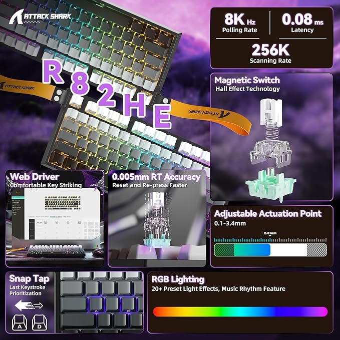 ATTACK SHARK R82HE Rapid Trigger Wired Mechanical Gaming Keyboard TKL NKRO RGB with 8K Polling0.005mm Accuracy256K Scan Rate5 Layer Sound DampedHall Effect Magnetic Switch for PC Mac(Moonlight)