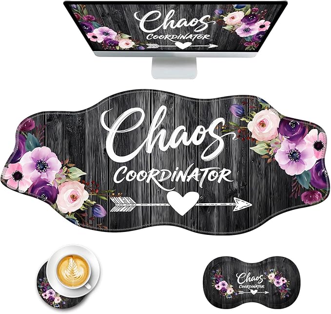 Mouse Pad with Wrist Support + Desk Mat + Coaster 3 in 1 Set XXL Large Gaming Mousepad Ergonomic Mouse Pads for Desk Computer Laptop OfficeChaos Coordinator Quotes Vintage Watercolor Floral